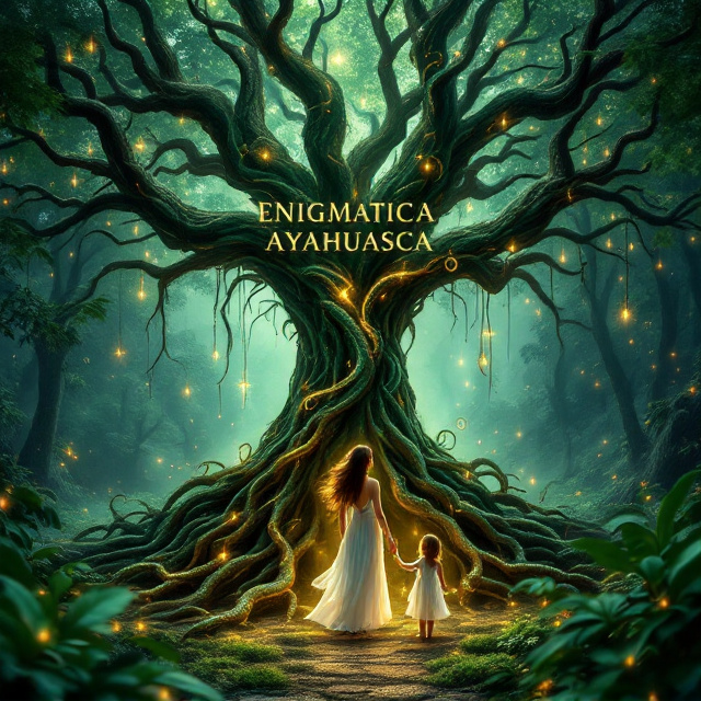 A lush emerald green forest with a mystical ambiance fills the background. A sacred, gnarled tree with intricate glowing roots dominates the central view. A radiant woman with free-flowing hair stands with her back to the viewer, wearing a simple yet ethereal white dress. She is looking at a younger version of herself—a small girl reaching out for her hand. The air is suffused with swirling lights, representing spiritual energy and connection to Ayahuasca. Serpents entwined around the roots of the sacred tree symbolize transformation and mysteries. The serene faces of the characters suggest healing in progress.