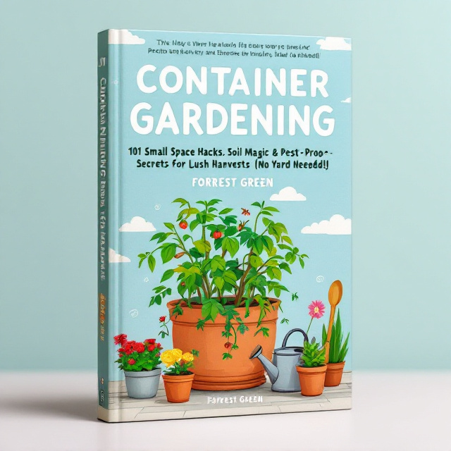 The cover features a simplistic, hand-illustrated scene. Centered is a terracotta pot with vibrant tomato vines spilling over the edge, surrounded by small containers with strawberries, petunias, and a small lemon tree. A watering can and a trowel rest gracefully in the scene, tied together by a soft sky-blue backdrop with swirls of white clouds. The rendering style leans toward modern flat illustrations. The overall vibe is fresh, tranquil, and inviting.