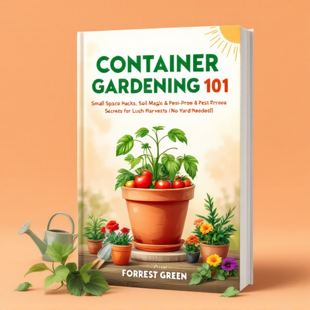 An illustrated terracotta pot holding a vibrant tomato plant sits at the center, bordered by smaller pots with strawberries, a small lemon tree, and blooming petunias. A light, minimalist background in soft orange flows seamlessly with a faint gradient to lighter hues. On one side, a watering can and a small trowel rest against the pots, hinting at the gardening theme. Above the pots is a soft overlay of sunlight rays to enhance the peaceful and warm narrative.