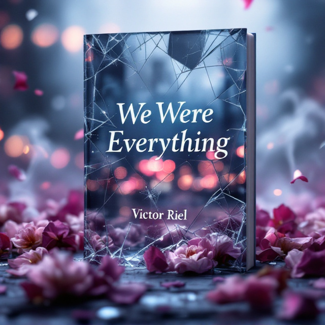 A close-up of shattered glass reflecting a blurred cityscape in muted tones of purple and blue. Smoke wisps intertwine with falling petals and wilted flowers on the foreground, creating a hazy, dreamlike mood. The edges of the cover are softly faded, evoking a sense of fleeting transience and melancholy.