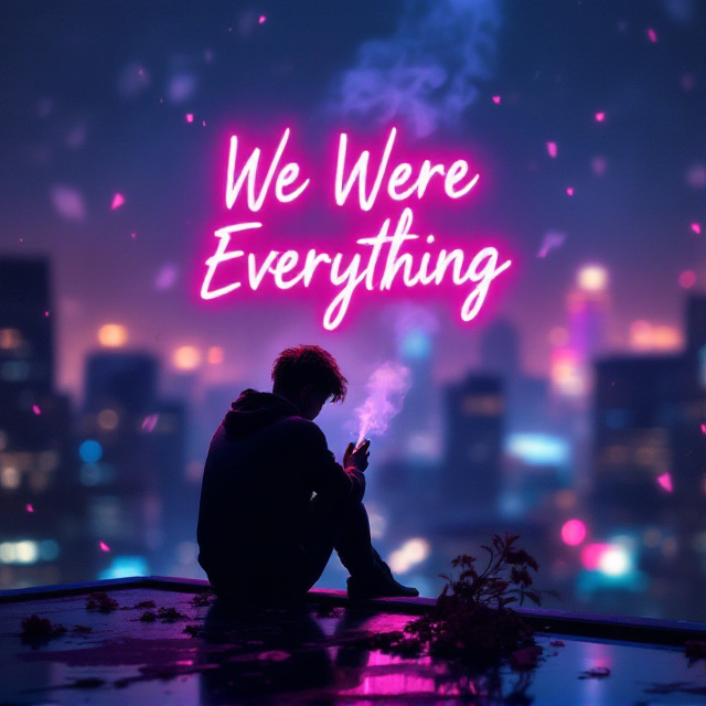 A lone figure, silhouetted against a backdrop of a night cityscape, gazing downward while sitting on the edge of a rooftop. Blurred city lights scatter in the background, glowing softly in hues of pink, blue, and purple. Wilted flowers lie nearby, with petals drifting into the wind. Smoke rises gently from the figure’s cigarette, curling into delicate shapes that fade into emptiness. A shattered-glass reflection frames the lower corner of the cover, fragments capturing distorted neon text and light.