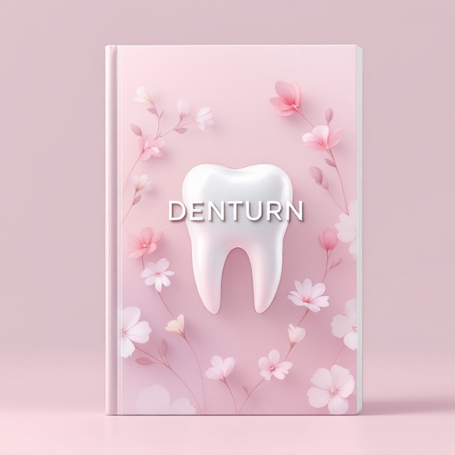 The cover features a modern, minimalist design with a bold central image of a gleaming, bright white tooth surrounded by a delicate, abstract floral motif. The floral element gives it a soft, feminine touch, relevant to "Today's Women." The background is a gradient of calming pastel hues transitioning from blush pink to soft lavender, invoking feelings of care and empowerment. The title "DENTURN" is positioned boldly across the center, with a subtle shine effect that matches the polished look of the central tooth image.