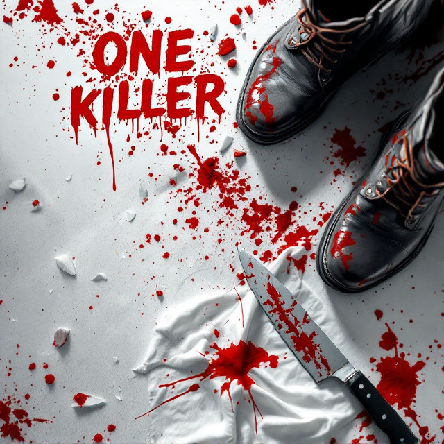 A trail of blood starts from the top left corner and diagonally drags across to the bottom right corner, implying something sinister being moved. Scattered along the trail are splashes of blood, broken shards of glass stained red, a bloodied butcher's knife lying near the trail on the bottom corner, and fragments of duct tape placed erratically across the design. Blood splattered boots are positioned in the top right corner, casting a shadow over the trail. The title "One Killer" appears in realistic dripping blood font at the center of the design, surrounded by a faint outline of white to create striking contrast. A white handkerchief with blood stains lies crumpled near the center bottom of the design, merging with the bloody trail.