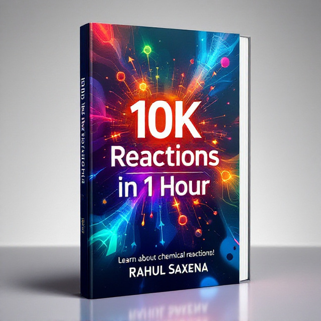 The book cover features a striking background of swirling, vibrant color transitions that symbolize chemical reactions, ranging from energetic blues to fiery oranges and greens. Centered is a dynamic, glowing molecular structure graphic to immediately evoke science and chemistry themes. A subtle pattern of arrows and motion-like streaks adds a sense of speed and progress, connecting with the concept of rapid reactions. At the bottom left is an open book icon, representing learning and study.
