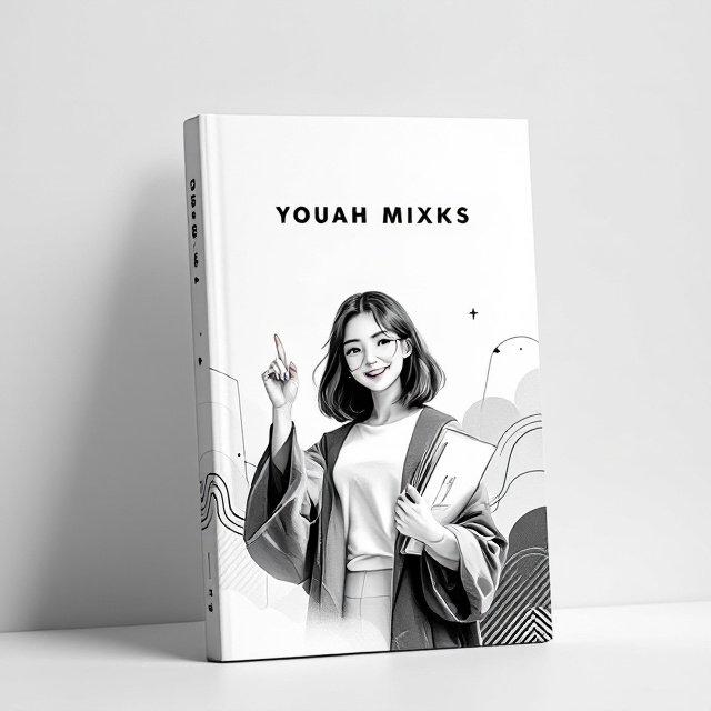 A stylized black and white cover with a central figure, a confident and youthful anime-style female character wearing modern academic attire. She’s holding a book in one hand and gesturing upward with the other, suggesting progress and growth. The background features abstract geometric patterns fading into soft gradients of black and white, symbolizing transformation and clarity.
