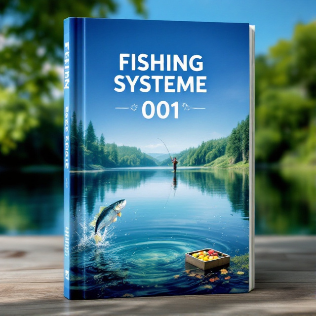 A serene lake reflecting the blue sky occupies the central background, framed by lush green trees. A person, positioned mid-center, is seen casting a fishing rod into the lake. In the foreground, a fish mid-air jump out of the water, with ripples and splashes depicted vividly. A box of colorful bait sits on the grass beside the person.