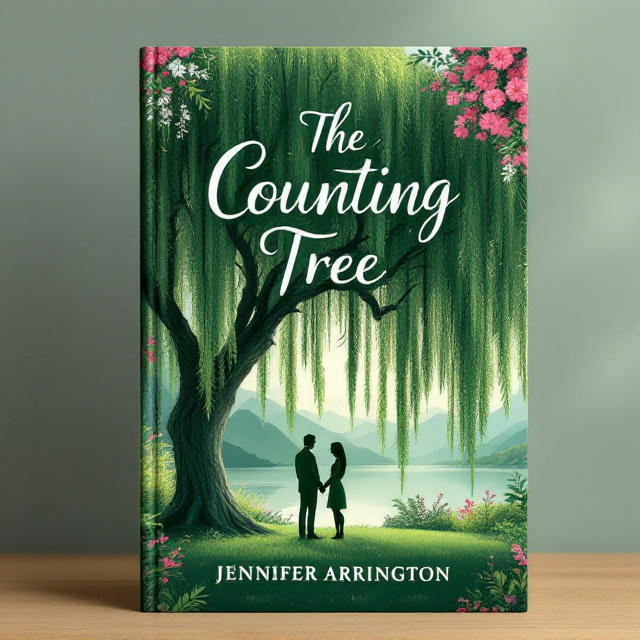 A serene green landscape featuring a large, ethereal weeping willow tree as the focal point. Beneath the tree, a couple stands facing each other, holding hands. Their silhouettes are subtly illuminated by the soft glow of light filtering through the willow's cascading branches. A picturesque lake lies before majestic mountains in the distance, painted in soft blues and greys. On the right edge, vivid pink bougainvillea frames the scene, their blossoms delicately trailing down the sides like a natural border.