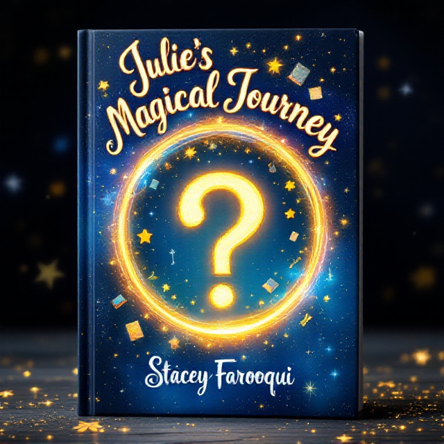 A shimmering, circular portal dominates the center of the cover. Inside the portal, a large glowing question mark is surrounded by small floating objects such as stars, books, and keys. The background is a deep, midnight-blue starry sky adorned with magical swirls and sparkles. The title "Julie's Magical Journey" is written in bright, radiant lettering above the portal, while the author's name, "Stacey Farooqui," is elegantly placed at the bottom in a softer tone.