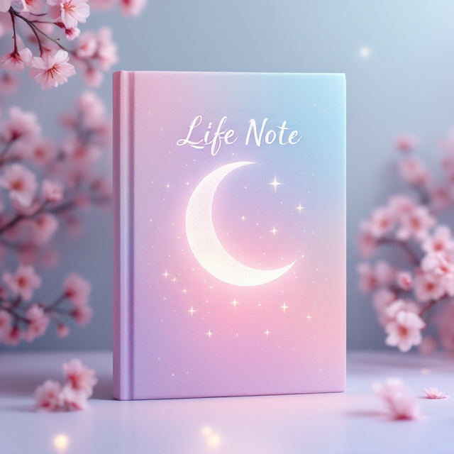 A pastel gradient background blending soft pink, lavender, and baby blue creates a dreamy atmosphere. Japanese cherry blossoms subtly cascade down at the sides, framing the cover. In the center, a delicate illustration of a crescent moon cradling a glowing, ethereal journal (the "Life Note") floats among softly glowing stars. Faint, intricate Japanese wave and hemp leaf patterns appear in the background for added texture, blending seamlessly into the gradient.
