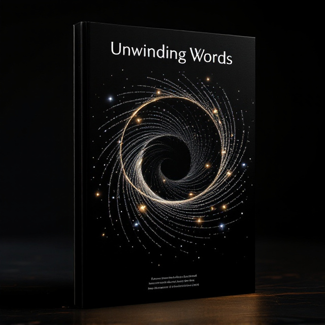 A black background serves as the canvas. From the center of the cover emerges a mesmerizing spiral of unwinding text that radiates outward. The text mimics the appearance of a loose thread unraveling in smooth curves, symbolizing the freeing of thoughts. Tiny bursts of glowing white light accentuate various points along the unraveling spiral, creating a sense of clarity and revelation.