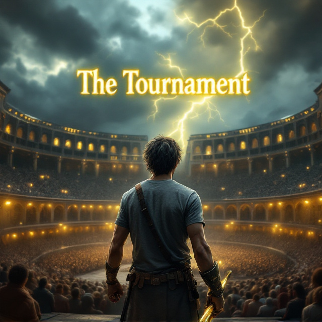 The cover depicts a grand colosseum that blends ancient architecture with futuristic metallic accents. The arena stands illuminated under a stormy, cloudy sky, where crackling yellow lightning streaks toward the heavens. In the foreground, a lone character, facing away from the viewer, captures the focus of the scene. His messy, short dark hair and strap armor over a grey t-shirt create a rugged silhouette. He holds a golden sword glowing faintly in one hand and an antique bronze helmet in the other, while his body language suggests reflection and quiet determination. The crowds in the arena's stands are roaring, blurred to emphasize the energy without individualizing faces.