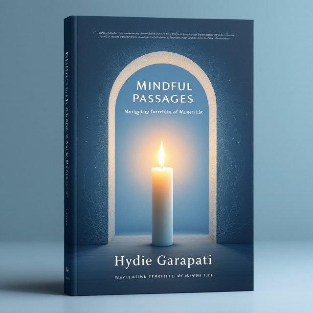 A single, tall candle is lit and placed prominently in the center of the cover. Its soft glow reaches outward, creating a cocoon of light that gradually fades into shadows. The archway in the background is minimal and ethereal, hinted at through faint textures resembling a blend of abstract lines and patterns. The background is a calming soft blue gradient, transitioning from deep navy at the bottom to a gentle light blue at the top.