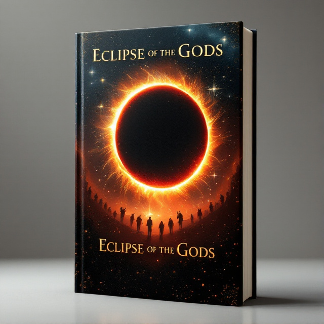 A dramatic celestial scene showcasing a massive eclipse, where a glowing golden ring encircles a fiery red shadow against a rich, dark blue sky filled with shimmering stars. In the foreground, faint silhouettes of mythical figures appear as if they're ascending toward the eclipse. The edges of the cover are subtly textured to look like ancient parchment.