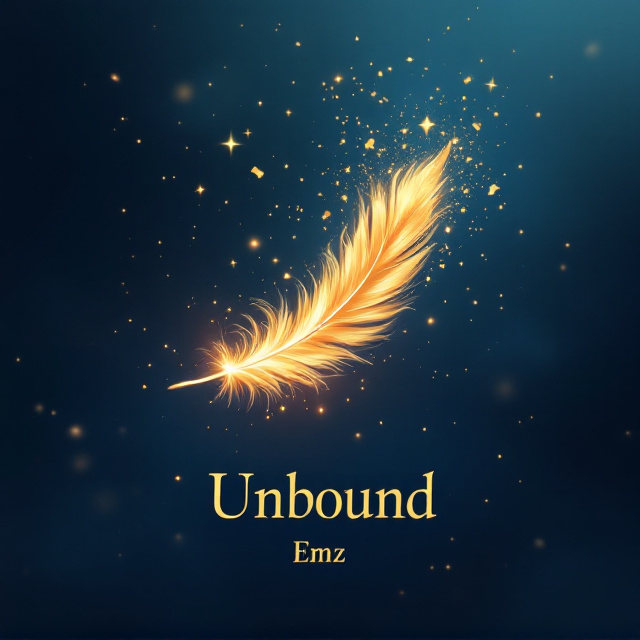 A single, radiant gold feather glides through a deep indigo night sky, curling lightly in the breeze. Surrounding the feather are subtle, swirling whisps of translucent, glowing wind, flecked with shimmering fragments as if magic is coursing through the air. Above, thin strands of golden light form the faint outline of a cage, shattered into pieces that drift into the sky. The background gradually brightens from deep blue at the bottom to a lighter, ethereal hue near the top, evoking the feeling of ascension and freedom.
