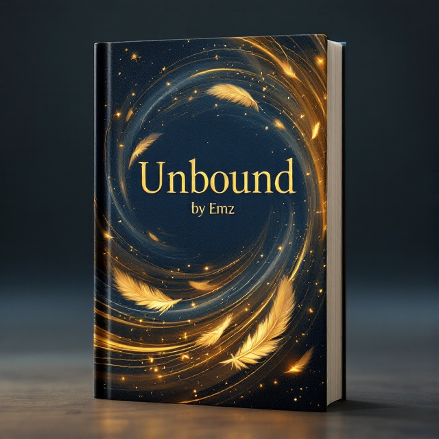A swirling tempest of whisps of wind encircles the cover, forming delicate spirals that fade gradually toward the edges. Centered are scattered golden feathers, shimmering as if caught mid-flight, exuding both fragility and strength. The entire backdrop is a gradient of deep indigo blending into a soft, glowing gold hue, symbolizing transformation from darkness to liberation.