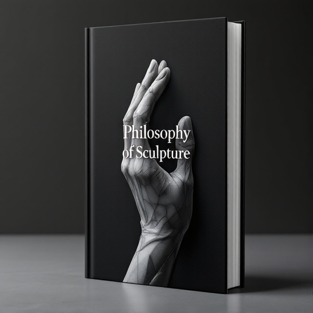 Minimalist design featuring a close-up monochromatic image of a sculpted marble hand with intricate details, set against a dark charcoal-gray background. A faint light source softly illuminates the sculpture, creating subtle highlights and shadows. No additional graphics, purely focused on the elegance of form and texture.
