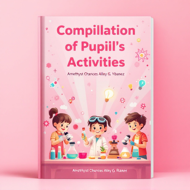 An abstract science background with interconnecting gears, light bulb graphics, and elements of atoms. The design has splashes of pink tones, transitioning into neutral hues, filling the background. In the center, animated, smiling children are actively engaged in science experiments with microscopes and gadgets. Soft pink beams radiate outward, adding grace and a dynamic feel of fun learning.