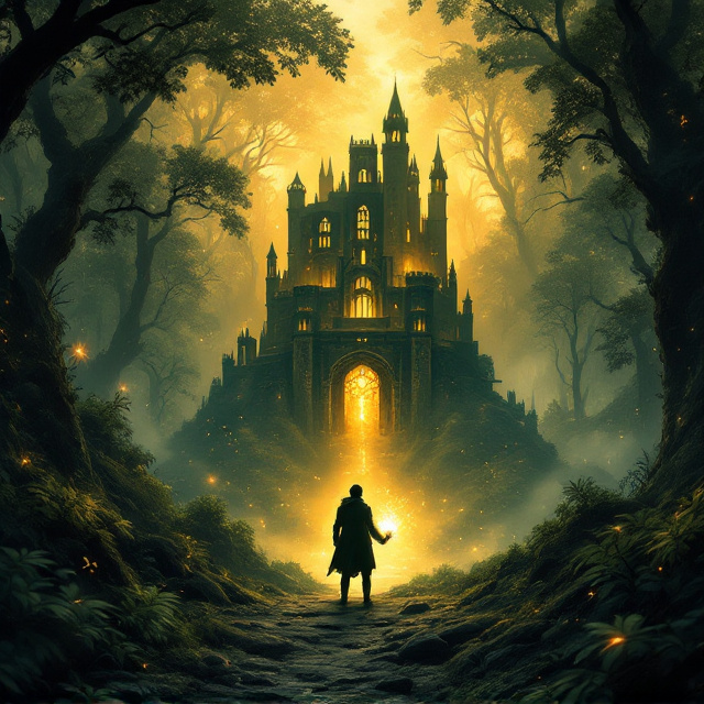 A sprawling ancient forest bathed in golden, ethereal light dominates the background. An imposing, mysterious castle nestled among the trees sits in the center, casting intriguing shadows. The foreground features an adventurer's silhouette clutching a glowing artifact, facing the castle. Mist swirls around their feet. Vibrant hues of green, gold, and charcoal black create contrast, while faint runes sparkle in the air around the scene, suggesting magic.