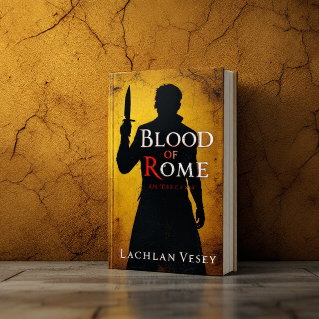 The background features a textured sand wall with an ancient Roman aesthetic, subtly cracked and shaded to evoke mystery through its aged appearance. Cast on the wall is a striking silhouette of a man holding a knife, strategically placed off-center for a dynamic visual effect. The man’s silhouette is dark, contrasting boldly with the yellow-toned background, which lends an air of intrigue and danger. The ambiance is complemented by dim lighting that fades toward the edges, adding depth to the mystery.