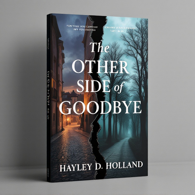 The cover splits into two halves, visually representing Portugal on one side and Kent on the other. The Portugal side showcases an atmospheric dusk scene with warm city lights reflecting off cobblestone streets, accompanied by silhouettes of a historic cliffside. Kent’s side features tall trees under a cloudy, dimly lit sky with shadows playing across a narrow path. A dark crack or fissure divides the two halves, symbolizing separation and tragedy, yet a soft teal gradient overlaps both sides, signifying hope and a bridge.