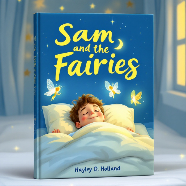 A cheerful scene with a young boy lying in a cozy white-and-blue bed with soft yellow lighting pouring in from a moonlit window. The three glowing fairies are hovering around him, each uniquely designed—one with butterfly wings, one with dragonfly wings, and one with sparkly bird-like wings. The fairies subtly emit a soft luminescence in shades of yellow and blue. The walls have an illustrative sky pattern, seamlessly blending with a whimsical fairy-tale aesthetic.