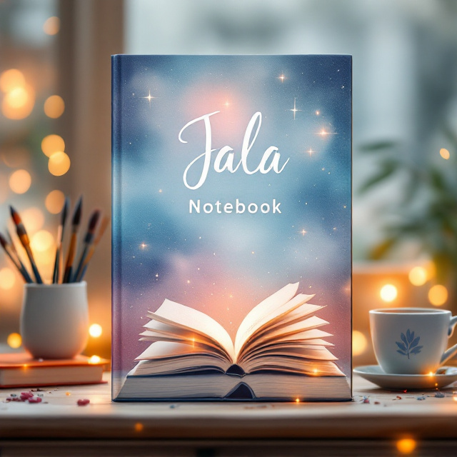 A serene watercolor painting style featuring an abstract blend of soft bluish and pinkish tones, resembling a dreamy twilight sky. Small cozy elements like tea mugs and scattered paintbrushes are subtly incorporated into the illustration's background. The main focal point is an opened notebook with pages fluttering, surrounded by glowing accents.