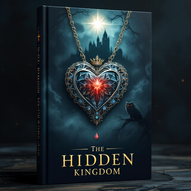 The centerpiece of the cover is a heart-shaped necklace with three diamonds missing. The necklace is detailed, with intricate engravings emphasizing its magical allure. A single blood drop is shown falling from the necklace onto the title below. Behind the necklace, a lion's glowing eyes emerge from shadows on the left, while an owl perches on a tendril of mist on the right. Above the necklace, a faintly glowing star shines in the dark, cloudy sky. A foreboding castle stands silhouetted in the background, shrouded by swirling mist and eerie light. A crown rests atop the title text, tilted slightly to evoke the sense of destiny.