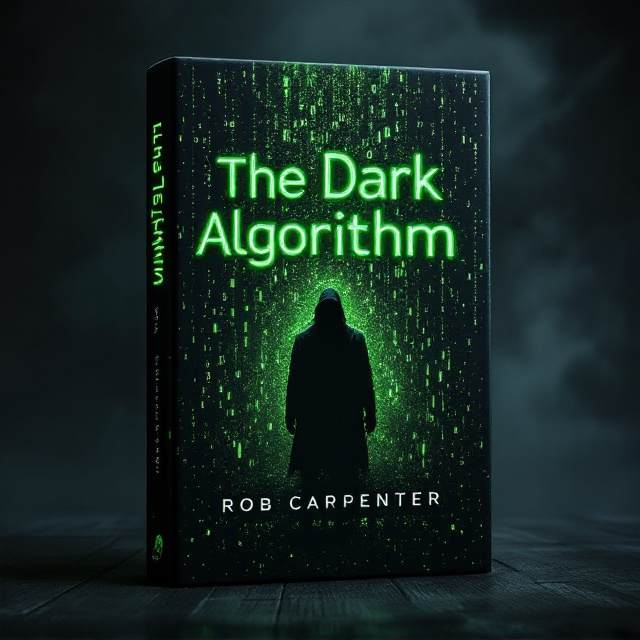 A fragmented and glowing digital matrix or grid covers the black background. In the center, an ominous shadowed figure emerges from a cascade of neon-green code fragments flowing like rain. The fragmented code forms cryptic symbols, subtly integrated into the pattern. Hidden within the design are faint traces of ancient prophecy markings, immersed in the cybernetic aesthetic. The edges of the cover dissolve into a smoky, mysterious gradient blending black and deep gray tones.