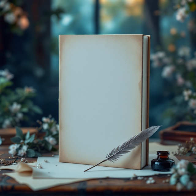 A solitary quill lies diagonally on a rich, antique wooden writing desk, surrounded by scattered parchment and an inkwell. The backdrop features faintly blurred, lush nature elements—a subtle view of trees and flowers seen through a window illuminated by soft, blue-tinted light. A fine mist surrounds the scene, creating an ethereal, romantic mood.