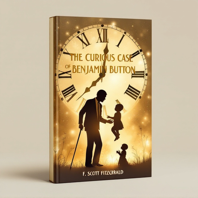 A gradient-style silhouette of Benjamin Button dominates the center of the cover, transitioning smoothly from an elderly man with a walking cane on the left to a baby in a cradle on the right. A large vintage clock hangs in the background, with its hands running counterclockwise, surrounded by softly glowing sepia light. The cradle and walking cane are partially embedded into the silhouette to symbolize life’s journey from end to beginning. Ghostly textures and swirls fade into the edges of the background to convey reflection and wonder.