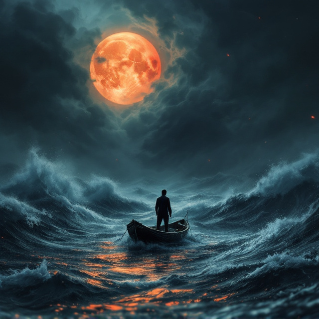 A man stands on a small, rickety fishing boat adrift in a terrifying sea with ominous waves rising like monstrous forms. The background is enveloped in an unsettling inky blackness, with faint outlines of monstrous silhouettes in the sea. Above the waves, faint whispers of a ghostly figure – a shadowy, veiled woman in a black robe – emerge, hauntingly semi-transparent. To the left, a faint blood-red moon glares ominously through swirling storm clouds. Burned and worn-out papers float in the air around the man, carrying Bibi Roghieh's crooked handwriting, glowing subtly in dim, eerie light.