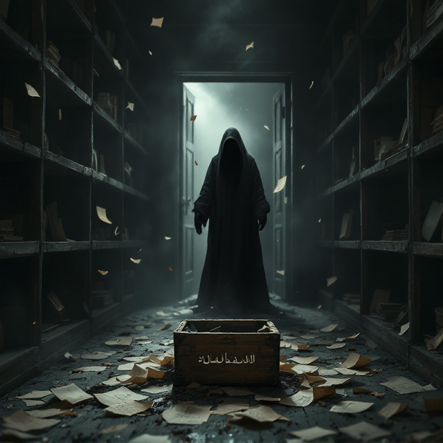 A dark and dimly lit storeroom with wooden shelves extending into a shadowy abyss. The foreground showcases an old, shattered wooden box on the floor, with scattered semi-burned papers fluttering mid-air. Faint Persian handwriting is visible on some papers. A black, ghostly robe emerges ominously from behind one of the shelves. The door in the background is slightly ajar, with faint, eerie light spilling through the cracks. The atmosphere is dense and filled with suspense, with slight smoke or fog adding an air of mystery.