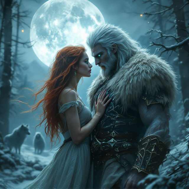 An eerie, mist-laden forest under the glow of a massive, silvery full moon dominates the background. The red-haired young woman, dressed in a flowing, slightly torn pale dress, stands on one side of the cover, her striking green eyes locking onto the piercing icy blue gaze of the white-haired barbarian alpha. The barbarian wears rough, fur-lined Viking-style armor with claw marks adorning his chest, hinting at his werewolf nature. In the background, ghostly wolf silhouettes and snowy mountains fade into the mist. A faint glow from the moon silhouettes their forms, creating a suspenseful and ethereal atmosphere.