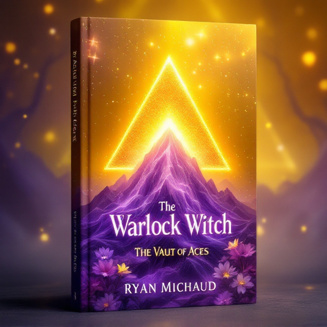 The cover is centered around a vivid fantasy scene. At its heart, a shimmering, triangular yellow card suit fades gently into an enchanting glittering yellow sky. Surrounding this focal card are tendrils of violet liquid, intertwining gracefully and adding a sense of ethereal magic. A majestic violet mountain with textured peaks rises at the bottom of the cover. Around its base bloom delicate, vibrant flowers, fading into the same glowing yellow sky. The overall palette blends luminous yellow gradients with deep and elegant violet tones, exuding mystery and fantasy.