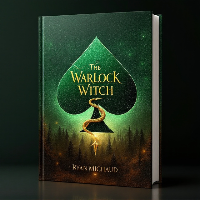 A large, fading green club card suit centered on the glittering green sky, with a golden snake gracefully wrapping itself around the suit. Atop this design is a silver bow with an arrow poised diagonally across the club suit. The bottom third of the cover transitions into a dense, brown forest with silhouettes of faint trees fading seamlessly into the pulsating, glittering green sky.
