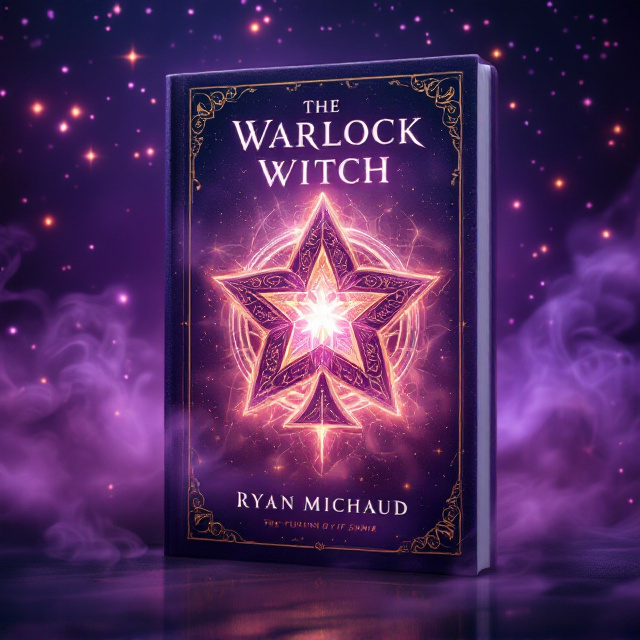 A shimmering purple sky with glittering stars fades into a smoky, magical haze enveloping a central glowing star-shaped card suit. The card suit carries intricate, mystical patterns. Wrapped around it is a slightly aged, ornate envelope, exuding a sense of mystery. At the bottom, faint maroon circus tents softly blend into the purple sky, creating a gradient effect that feels otherworldly. Quirky swirls of smoke intertwine with the sky, leading the eyes upward.