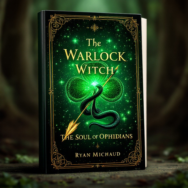 A fading green clover card suit occupies the center of the cover, blending into a glittering green sky filled with soft, magical sparkles. A sleek, black snake wraps around the card suit, its scales reflecting faint green and silver highlights. A slender, golden arrow pierces the card suit diagonally, with glowing runes etched along its shaft. The bottom of the cover transitions into a dense, shadowy forest in earthy brown tones, which gradually fades upward into the glowing green sky. The entire image is surrounded by a thin, ornate gold frame to add an element of elegance and fantasy.