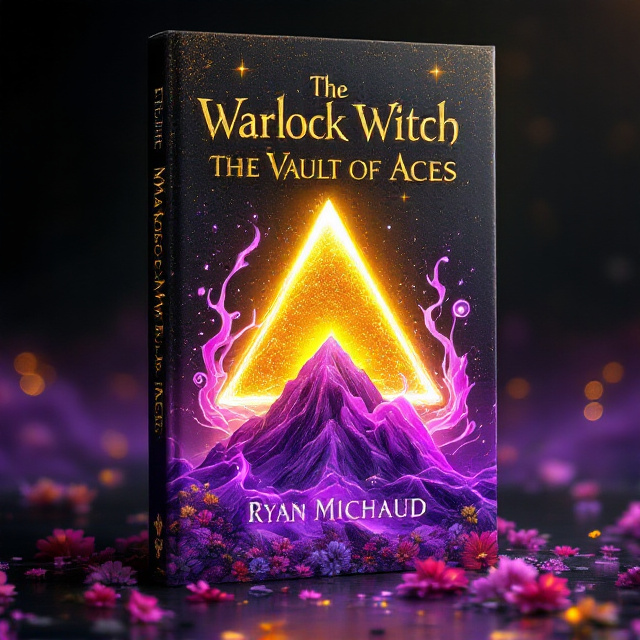 A glittering yellow sky fades into darkness at the upper edges of the cover. At the center, a large, fading yellow triangle card suit appears, glowing against the sparkling field of gold. Violet liquid with glowing edges swirls around the triangle in dynamic loops, adding depth and drama. Below, a majestic violet mountain adorned with colorful flowers transitions seamlessly into the glittering yellow horizon, presenting an ethereal and magical landscape.