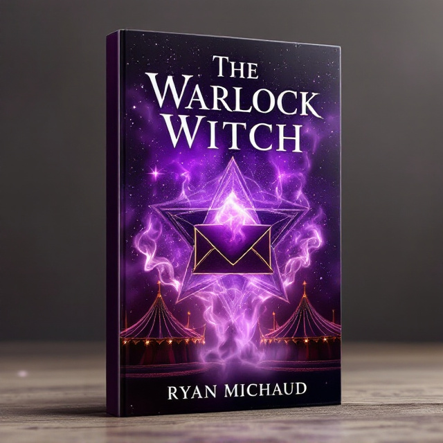 A glittering, deep purple sky covers the background, with sparkles fading from the top down toward the edges. In the center, a large, fading ten-pointed star card suit is surrounded by faint mist. An elegant envelope draped with smoke is nestled into the star's center, creating a mystical focal point. Near the bottom of the cover, maroon circus tents fade gracefully into the glittering purple sky above. The tents are fringed with glowing purple highlights to create a magical transition between sky and ground.