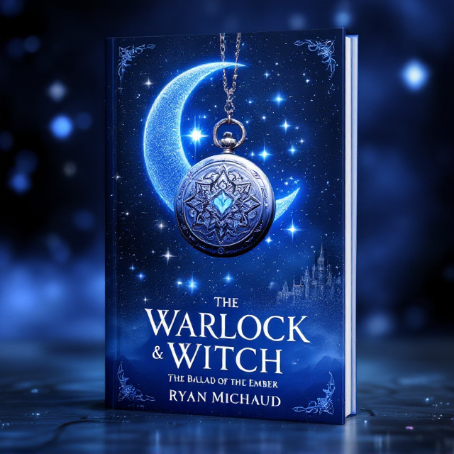 A glittering indigo sky dominates the background, filled with faint stars and an ethereal atmosphere. At the center top, a fading indigo crescent moon, designed to resemble a card suit, glows softly, surrounded by subtle trails of mist. Overlaid is a silver pocket watch with intricate engravings, its chain curling gracefully around the moon with magical sparkles emanating from it. At the bottom of the cover, a delicate, glittery indigo castle emerges out of a haze, fading into the shimmering sky, blending seamlessly.