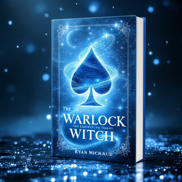 A fading blue cup card suit dominates the center of the cover, seamlessly fading into a glittering light blue sky adorned with shimmering random words encircling the card suit. At the bottom, a silver river filled with ink seems to flow upward into the glittering sky, creating a sense of ethereal mystery. Subtle sparkles and elegant swirls complement the magical atmosphere.