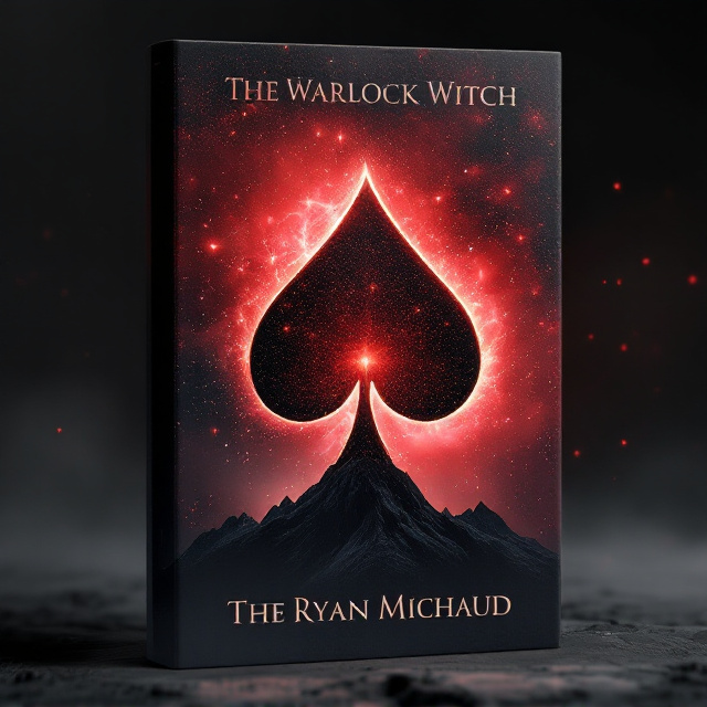 The cover features a glittering red and black sky occupying about two-thirds of the space from the top. Fading into this cosmic expanse is a dark, ominous mountain at the bottom center with sharp ridges, silhouetted against the vibrant background. At the heart of the composition is a surreal half-heart, half-spade card suit, its edges frayed and fading into the magical sky. The card suit shimmers as though imbued with a sinister dark magic, wrapped in soft tendrils of smoky shadows curling around it. Sparkling red and black particles float, creating a mystical aura.