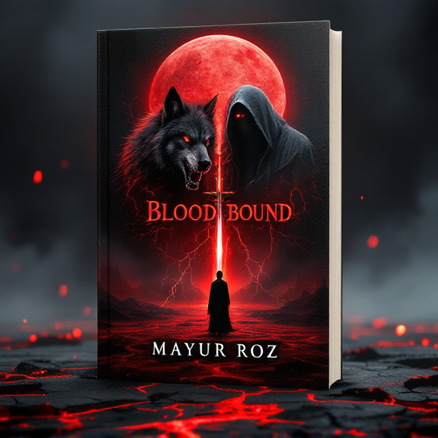 A dark, ominous landscape drenched in shades of deep red and black. The center of the cover features a blood moon glowing eerily above a split horizon—one side dominated by a snarling wolf with glowing amber eyes, and the other by a pale, cloaked vampire with crimson eyes and sharp fangs. In the foreground, a lone human figure stands, silhouetted by the rising mist, holding a blade gleaming faintly with runes. Veins of cracked, glowing red spread like lightning across the ground, giving a visual representation of being "blood-bound.".