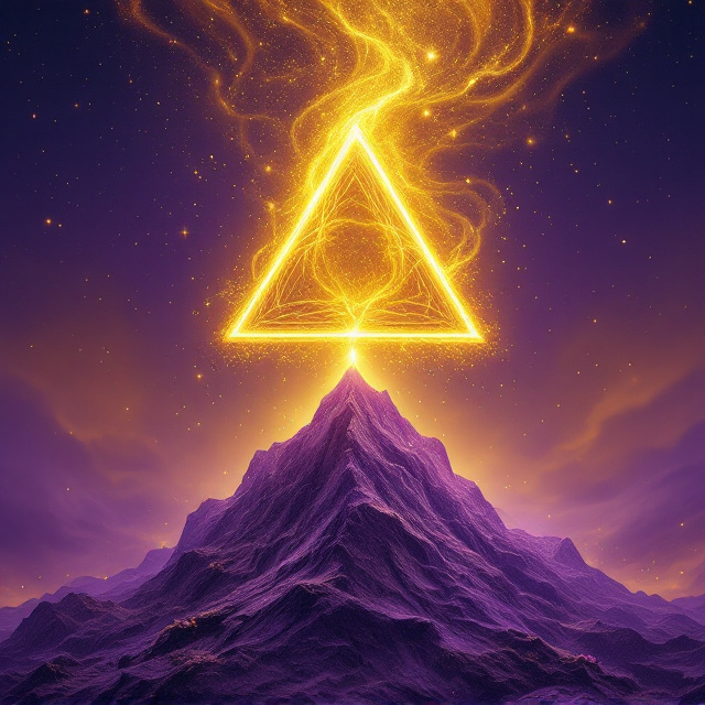 A fading yellow triangle card suit positioned at the center of a glittering yellow sky, shimmering softly with glowing particles. Surrounding the triangle card suit is a swirling violet liquid, its tendrils gracefully wrapping around the triangle and diffusing into droplets that blend seamlessly into the background. Beneath this, a majestic violet mountain rises, its textured surface showing intricate detail, fading downward into vibrant flowers at the bottom. The flowers delicately transition into the same glittering yellow sky, creating an ethereal and harmonious flow of elements.
