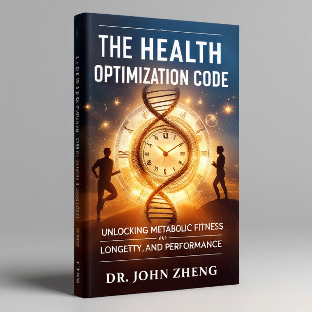 A dynamic central image of a clock fused with a DNA helix, symbolizing the intersection of time and metabolic health. Around the DNA-clock hybrid are subtle silhouettes of a person in a running pose, a meditating figure, and a sleeping figure, representing fitness, mental health, and sleep, respectively. The background features a gradient transition between deep blue (symbolizing sleep and recovery) to golden orange (representing health and vitality), giving a radiant sense of achievement.