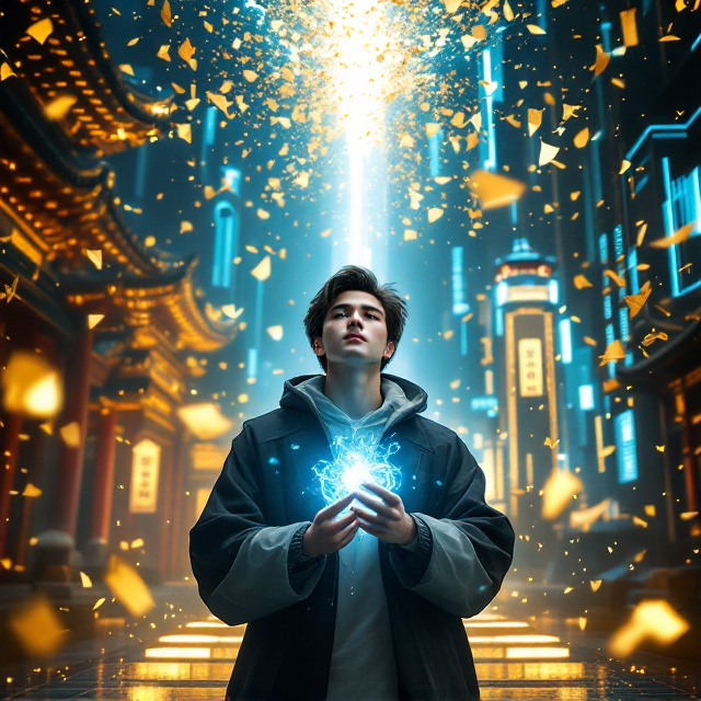 A dynamic scene features the protagonist standing exactly at the midpoint where the ancient and futuristic worlds converge. On the left, the Xuan Wu Gate from the Tang Dynasty glows with soft golden light, its traditional Chinese architectural curves rendered in meticulous detail. On the right, a gleaming futuristic cityscape filled with towering holographic skyscrapers with cyan-tinted lights and digital overlays forms a sharp contrast. The young man in the center wears a determined expression, gazing slightly upward while gripping the glowing jade pendant that casts an ethereal cyan light. Around him, swirling time fragments—depicted as shards of broken glass or mirrors—merge and collide with golden calligraphic strokes from ancient scrolls and futuristic digital data streams. The background carries a deep blue gradient, transitioning from dark at the edges to luminous near the protagonist, underscoring the enigmatic and mysterious tone.