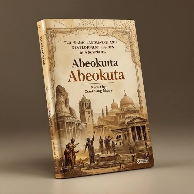 The cover will showcase a collage of iconic landmarks from Abeokuta, including the Olumo Rock, the Centenary Hall, and ancient historical buildings. The images will be softly blended together in a harmonious arrangement with a faded effect, set against a textured brown and cream gradient background. The title "The Sights, Landmarks, and Development Issues in Abeokuta" will be prominently placed at the center of the cover, aligning with the adventurous tone of the book. A subtle overlay of map-like contour lines, sketched lightly, will add a travel-oriented vibe.