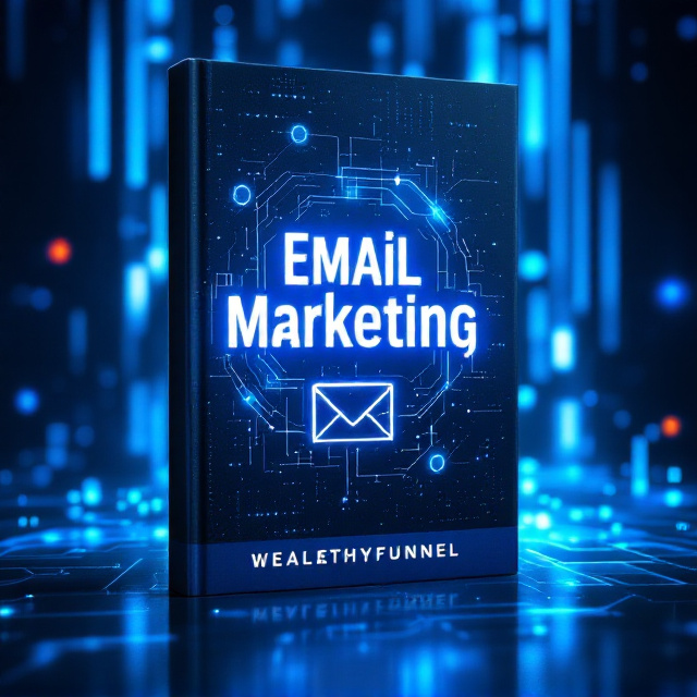A striking digital marketing-inspired design dominates the cover. In the background, a glowing, futuristic email icon is perceived emerging from streams of binary code and tech elements in shades of blue. To represent "make money online," bundles of cash are subtly intertwined with streaks of digital signals. A clean graph going upwards subtly symbolizes growth and success. The title "Email Marketing" is placed prominently in the center with glowing, futuristic, and bold typography to emphasize authority. At the bottom, the author's name, "Wealthyfunnel," appears in sleek, minimalist font.