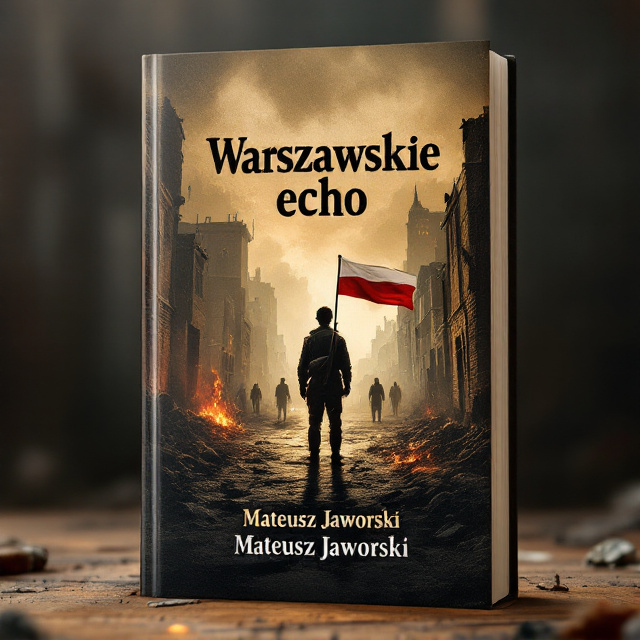 A dramatic illustration depicting a war-scarred Warsaw street during the Warsaw Uprising. At the forefront, a lone silhouette of a young resistance fighter holding the Polish flag stands against burning rubble. The background is a haunting blend of sepia tones with faint, ghostly figures symbolizing the fallen. Broken walls and wreckage frame the scene, while an ominous sky looms above, with faint rays of light symbolizing hope piercing through.