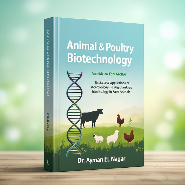 The cover features a stylized illustration of a DNA double helix integrated with silhouettes of a cow, sheep, and chicken. The background has a gradient blending soft green and sky blue, symbolizing life and biotechnology. At the bottom, there’s a subtle pattern of scientific diagrams such as cells and molecular structures, blurred to not crowd the main elements.